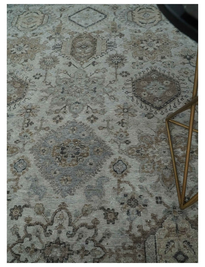 Antique Distressed finished Look Ivory, Charcoal and Beige Custom Made wool Area Rug.