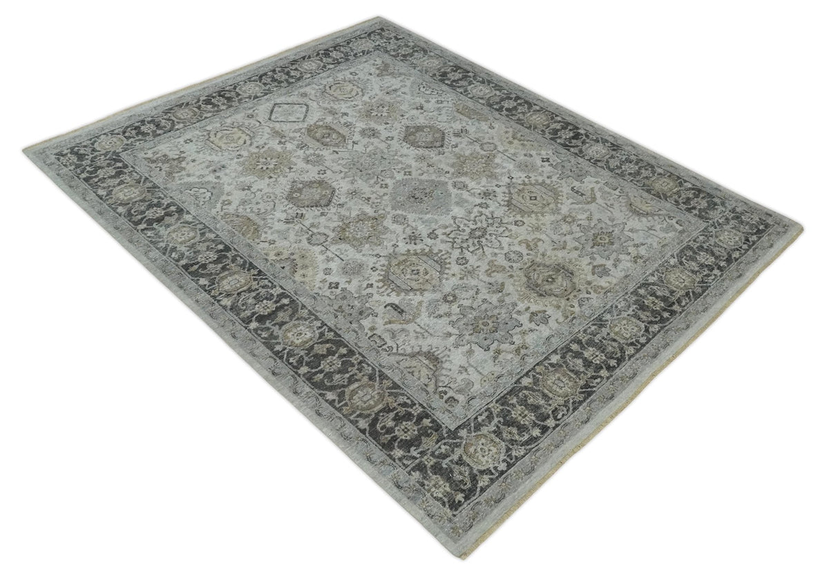 Antique Distressed finished Look Ivory, Charcoal and Beige Custom Made wool Area Rug.