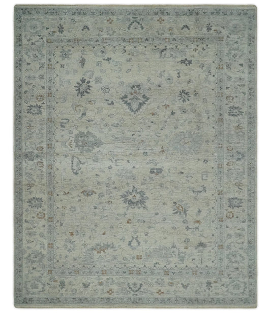 Antique Distressed look Beige and Charcoal Low Pile Multi Size Oushak wool Area Rug.