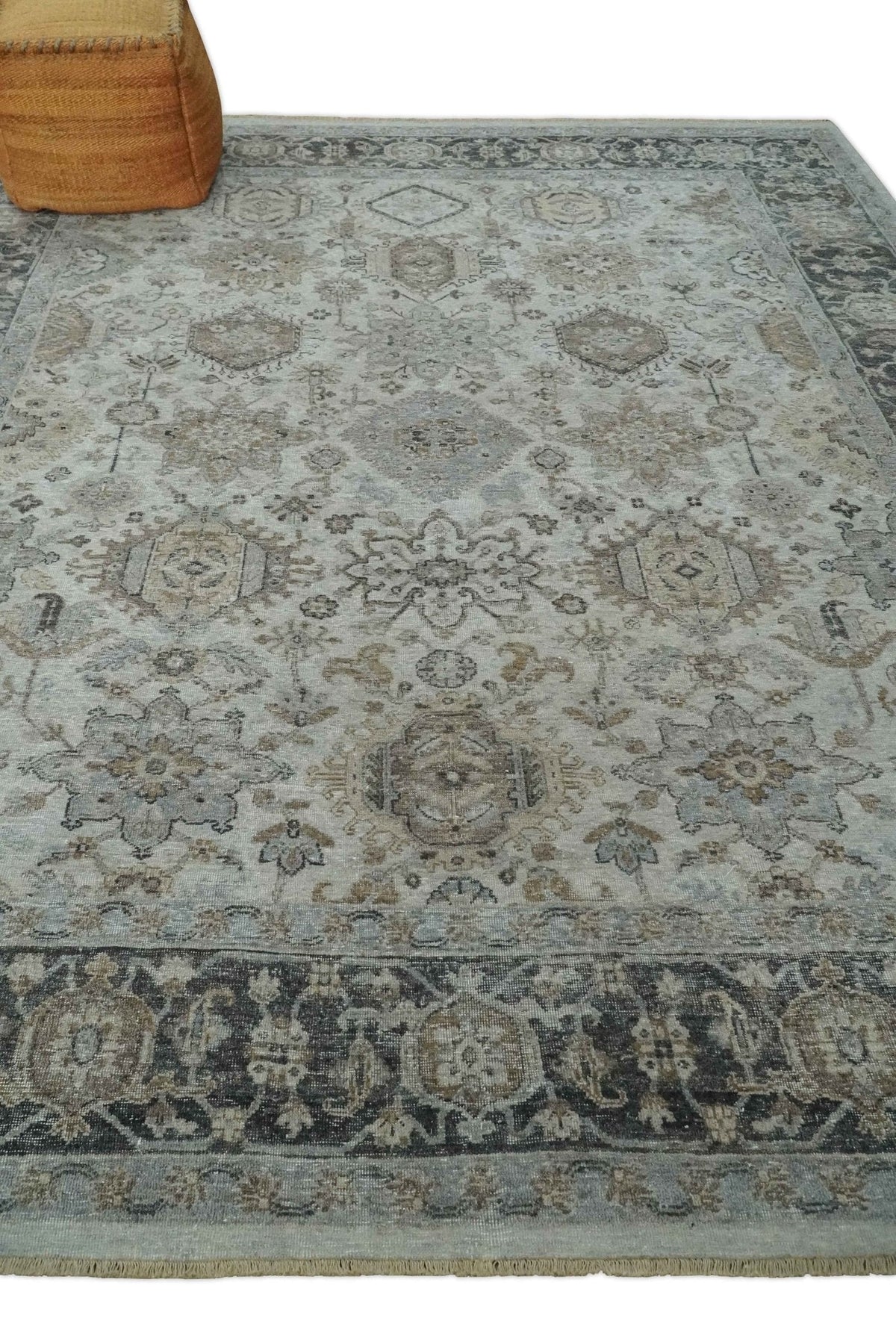 Antique Distressed style Ivory, Charcoal and Beige Low Pile 8x10 wool Area Rug.