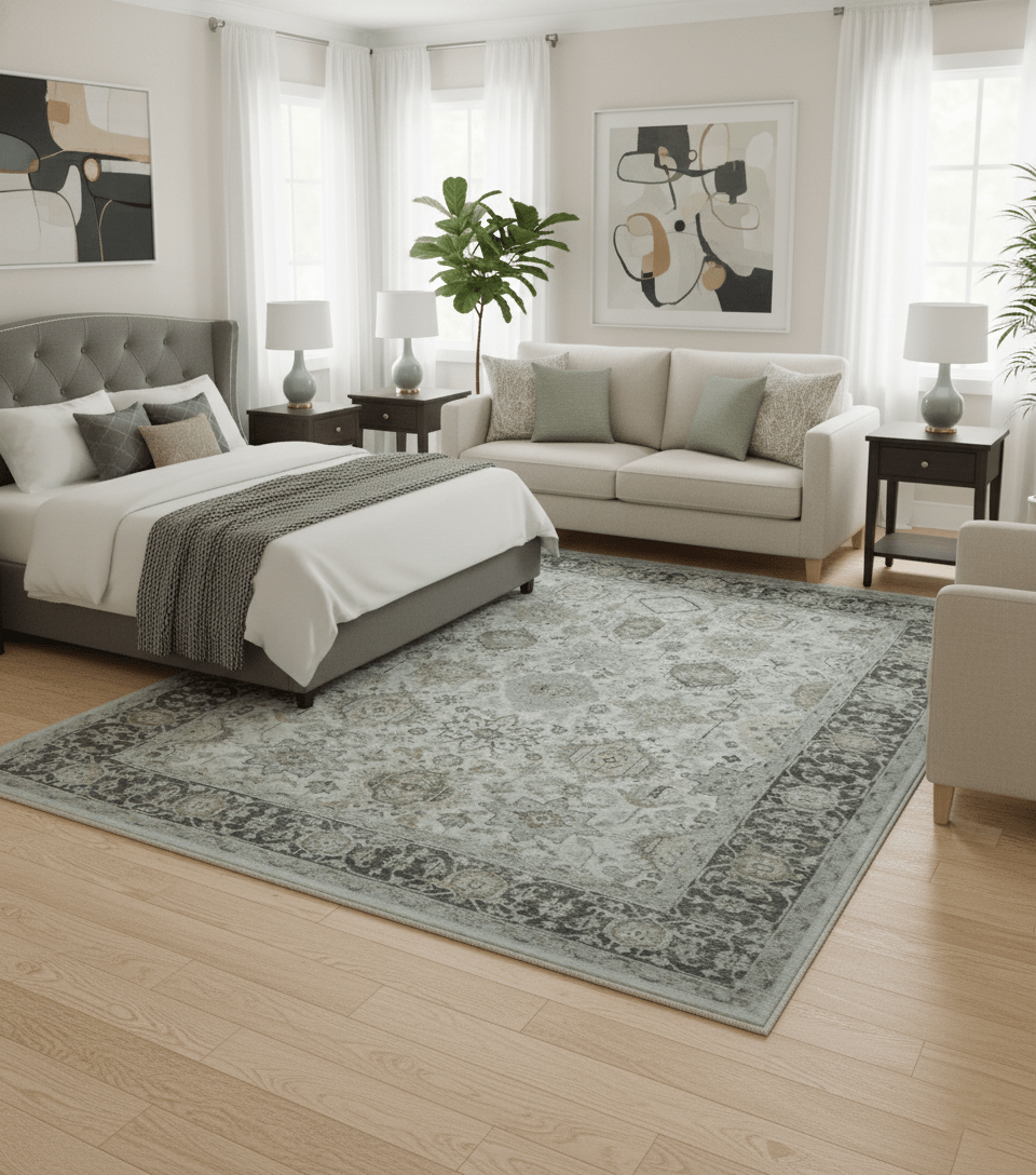 Antique Distressed style Ivory, Charcoal and Beige Low Pile 8x10 wool Area Rug.
