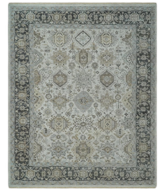 Antique Distressed style Ivory, Charcoal and Beige Low Pile 8x10 wool Area Rug.