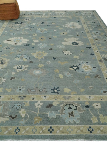 Antique Finish Multi Size Hand Knotted Oushak Silver and Beige Traditional Area Rug.