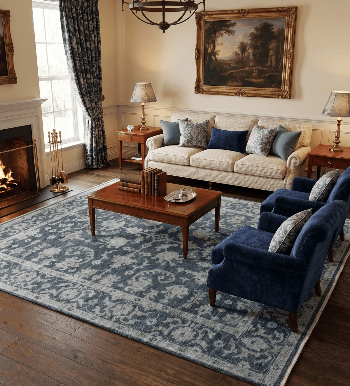 Antique Floral Distressed finished Hand Knotted Dark Teal and Beige Custom Made wool Area Rug.