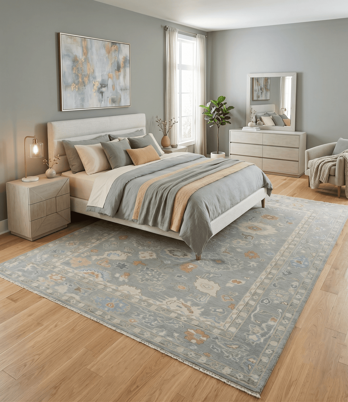 Antique Gray And Beige Hand Knotted Oushak Wool Area Rug.