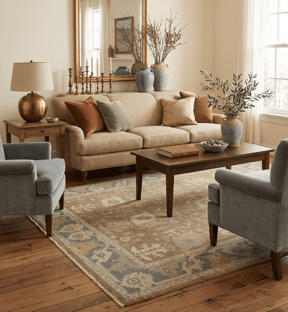 Antique Gray and Beige Hand Knotted Traditional Oushak Wool Rug.