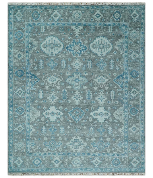 Antique Turkish  Gray and Blue Hand Knotted 8x10 Wool Area Rug.