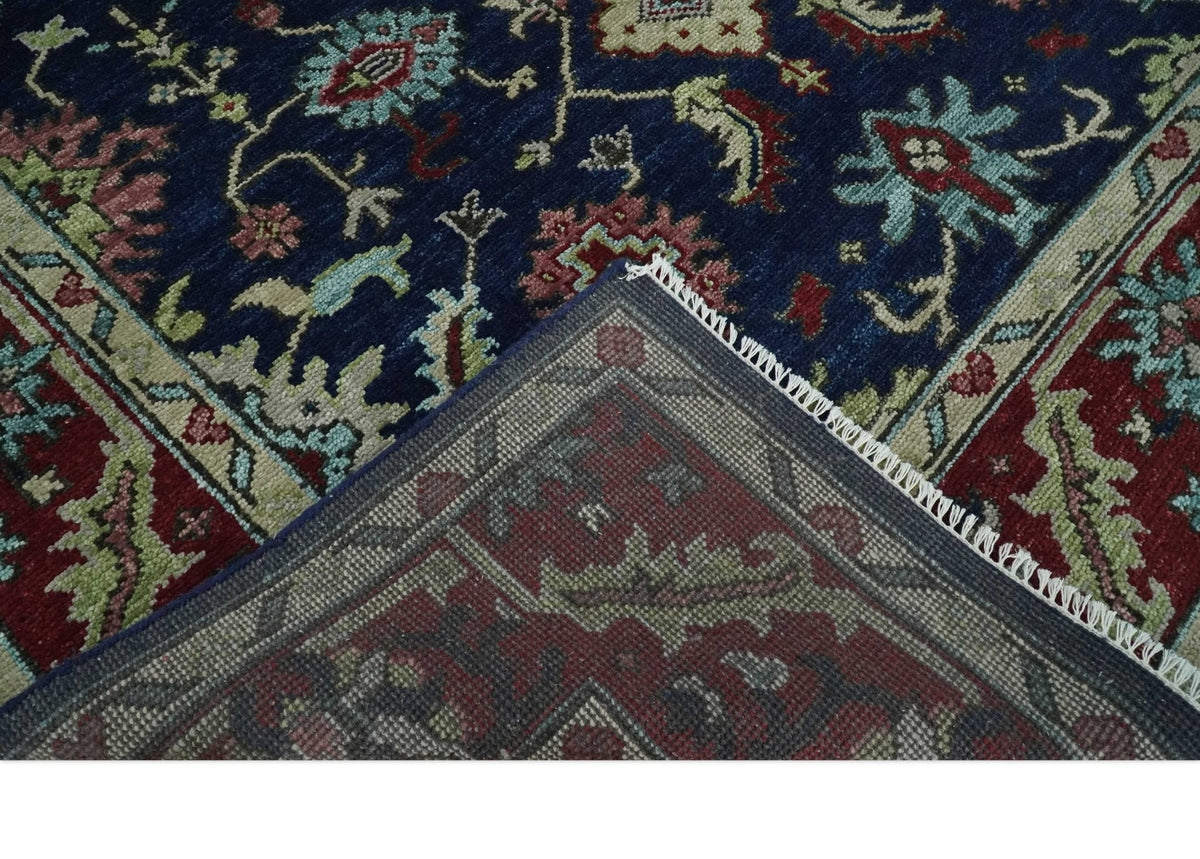 Hand Knotted Blue and Maroon Traditional Oriental Oushak Custom Made Wool Area Rug.