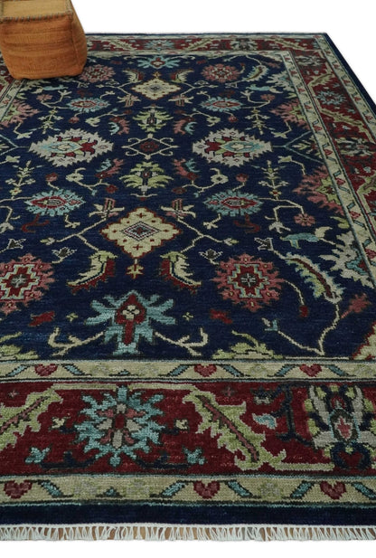 Hand Knotted Blue and Maroon Traditional Oriental Oushak Custom Made Wool Area Rug.