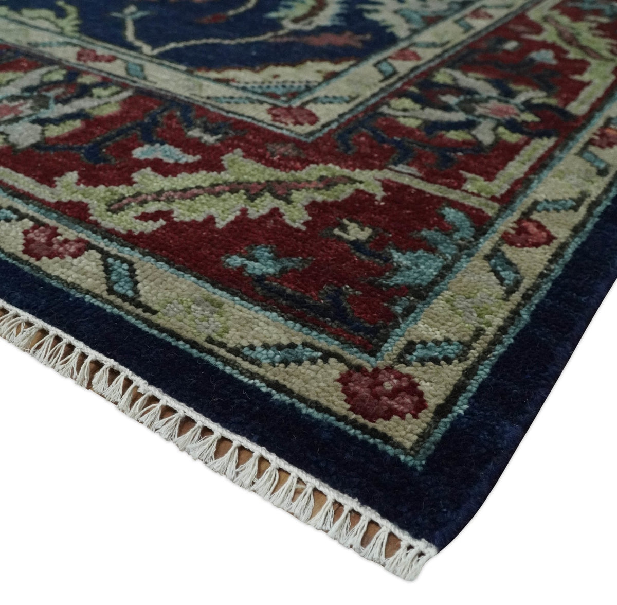 Hand Knotted Blue and Maroon Traditional Oriental Oushak Custom Made Wool Area Rug.