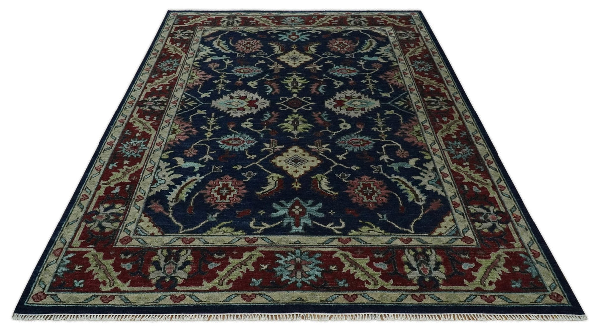 Hand Knotted Blue and Maroon Traditional Oriental Oushak Custom Made Wool Area Rug.