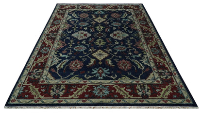 Hand Knotted Blue and Maroon Traditional Oriental Oushak Custom Made Wool Area Rug.
