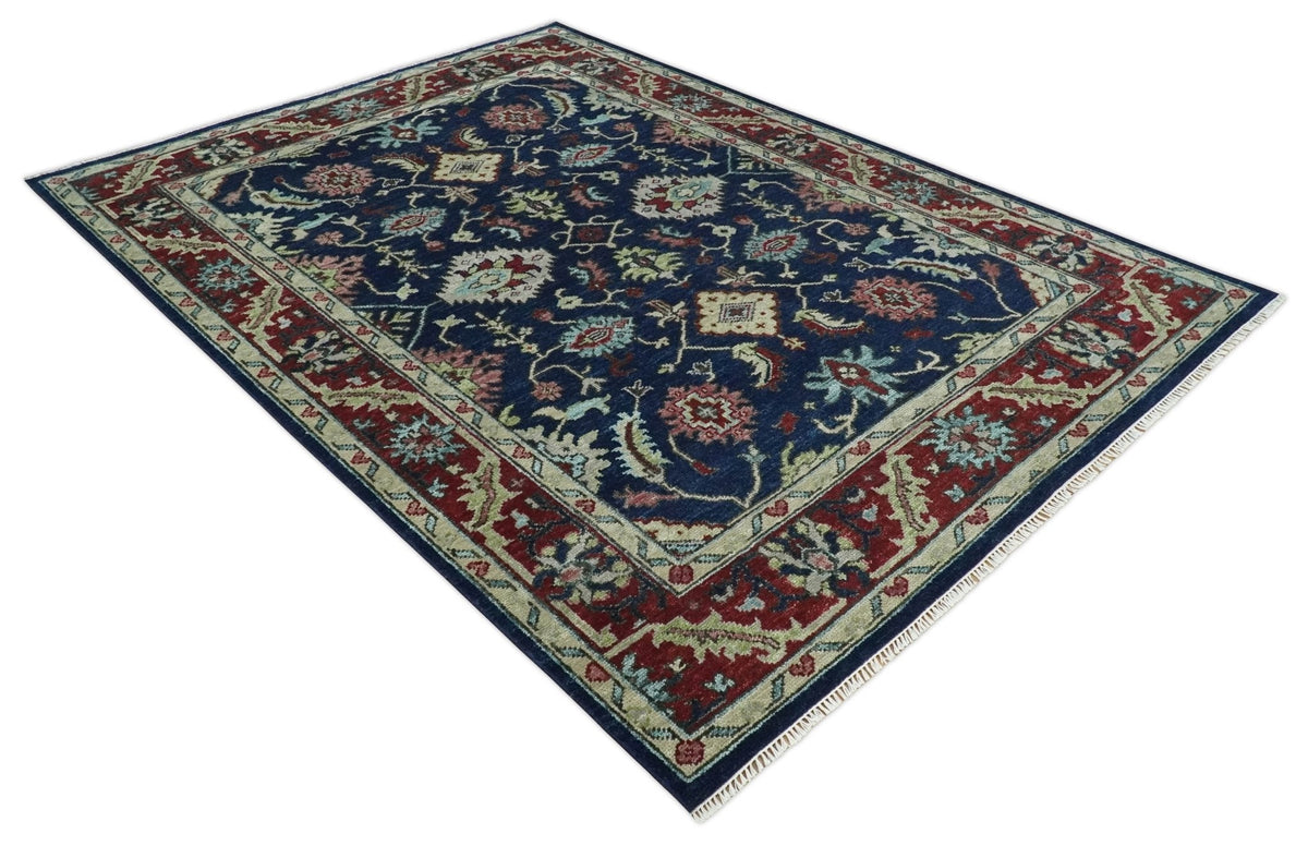 Hand Knotted Blue and Maroon Traditional Oriental Oushak Custom Made Wool Area Rug.