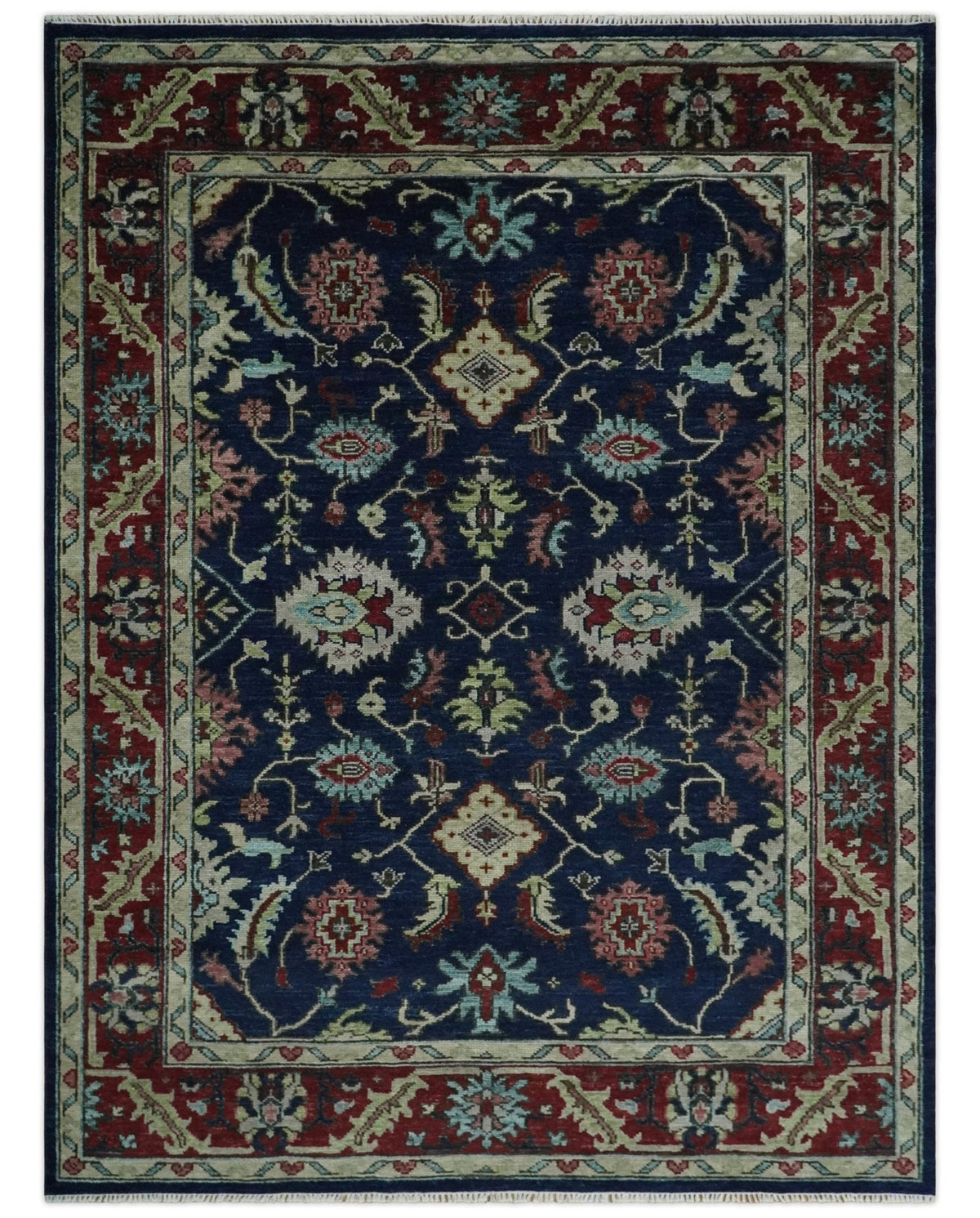 Hand Knotted Blue and Maroon Traditional Oriental Oushak Custom Made Wool Area Rug.