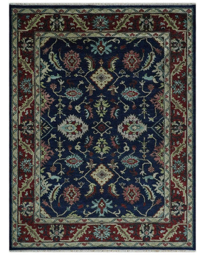 Hand Knotted Blue and Maroon Traditional Oriental Oushak Custom Made Wool Area Rug.