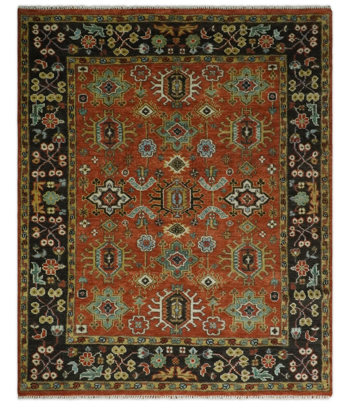 Custom Made Hand Knotted Rust and Black Traditional Wool Rug.