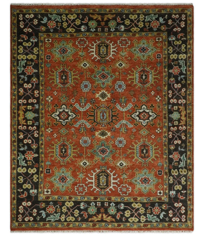 Custom Made Hand Knotted Rust and Black Traditional Wool Rug.
