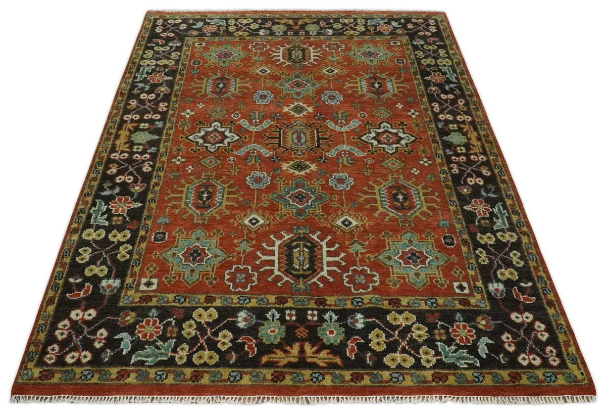 Custom Made Hand Knotted Rust and Black Traditional Wool Rug.