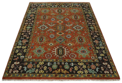 Custom Made Hand Knotted Rust and Black Traditional Wool Rug.