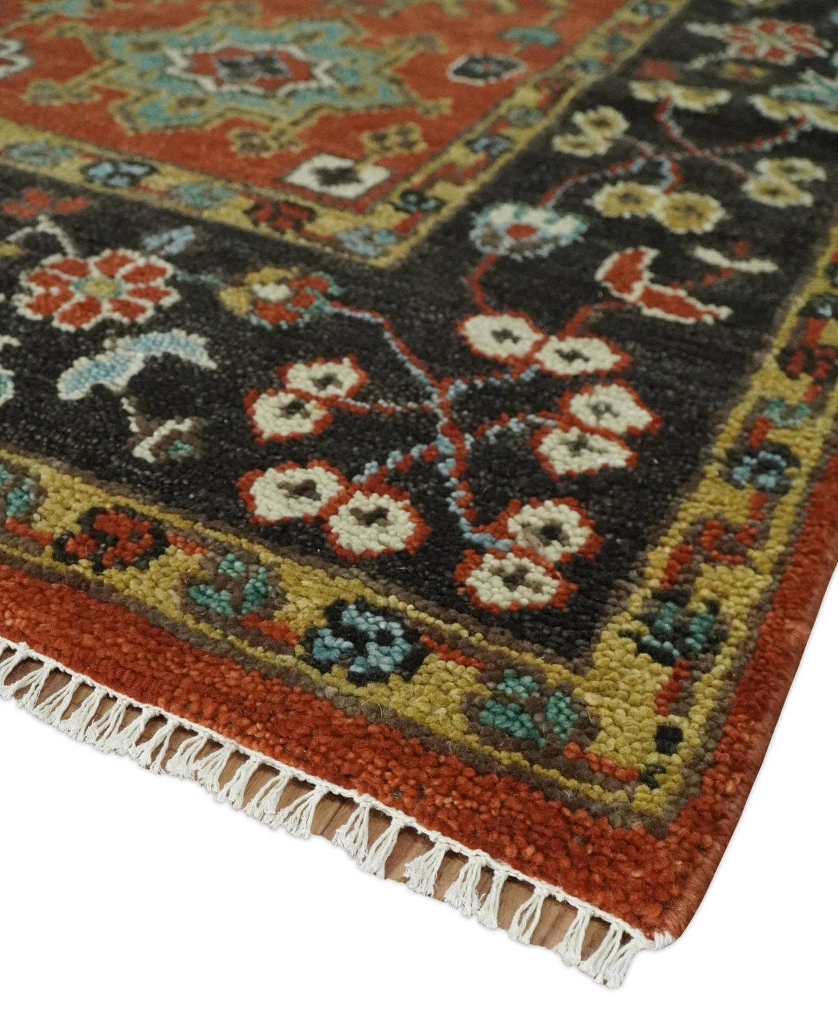 Custom Made Hand Knotted Rust and Black Traditional Wool Rug.