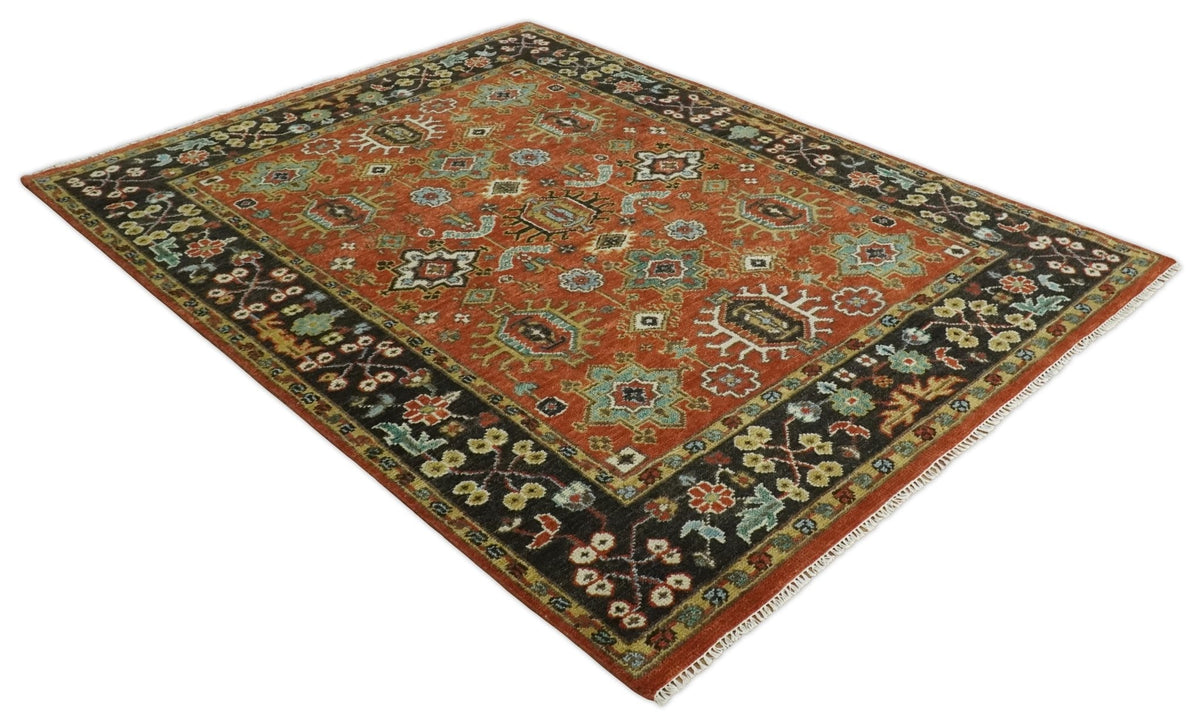 Custom Made Hand Knotted Rust and Black Traditional Wool Rug.