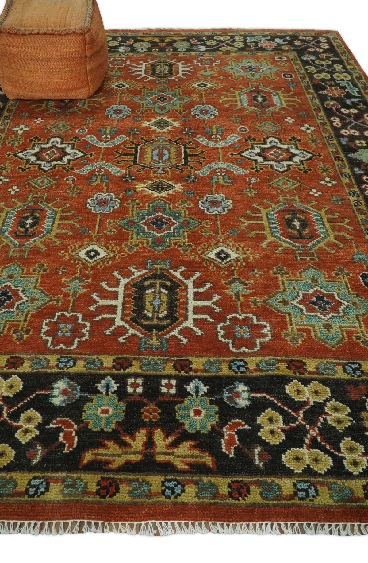 Custom Made Hand Knotted Rust and Black Traditional Wool Rug.