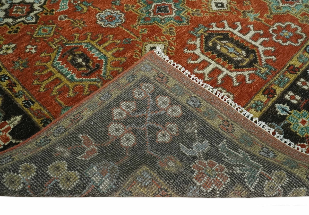 Custom Made Hand Knotted Rust and Black Traditional Wool Rug.