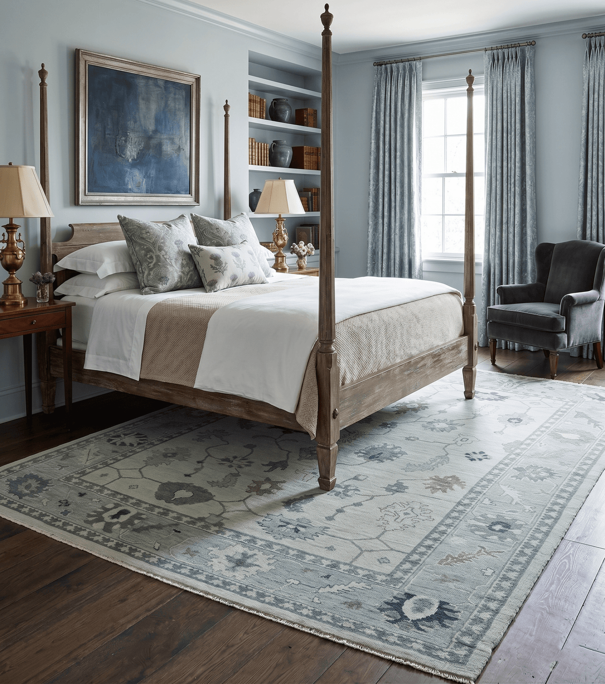 Antique Hand Knotted Beige and Silver Traditional Oushak wool Area Rug.