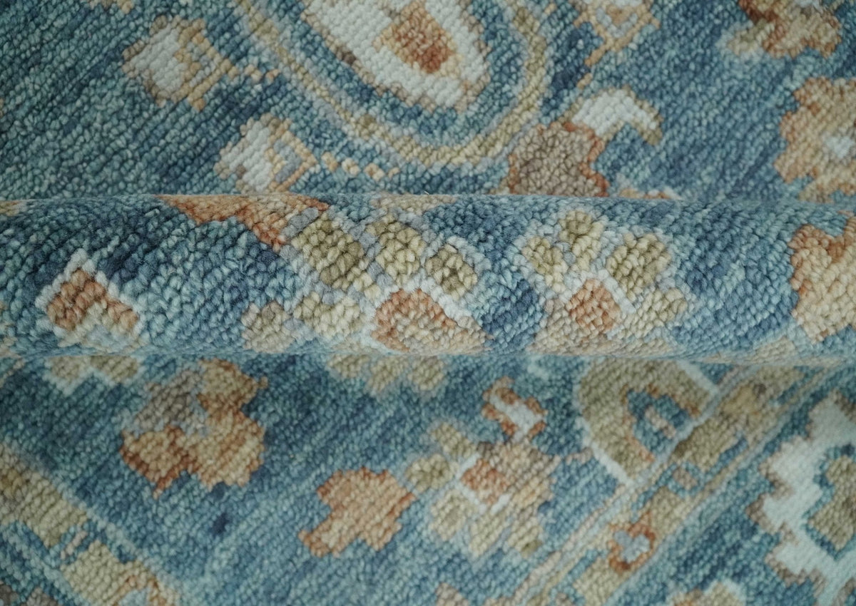 Custom Made Antique Hand Knotted Blue and Beige Traditional Oushak Wool Area Rug.