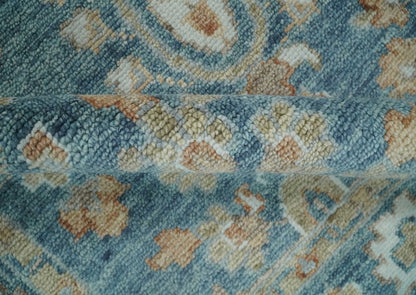 Custom Made Antique Hand Knotted Blue and Beige Traditional Oushak Wool Area Rug.