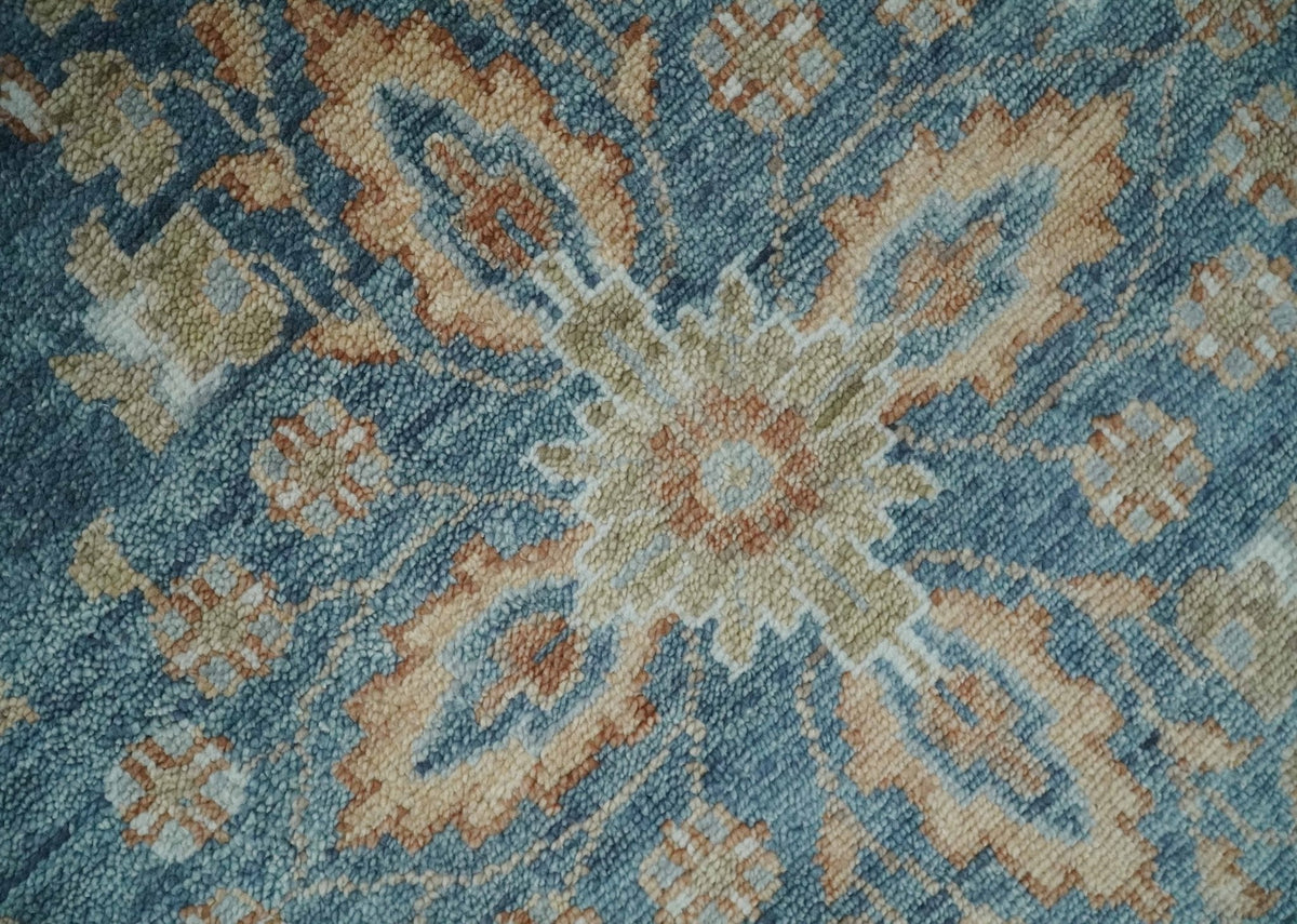 Custom Made Antique Hand Knotted Blue and Beige Traditional Oushak Wool Area Rug.