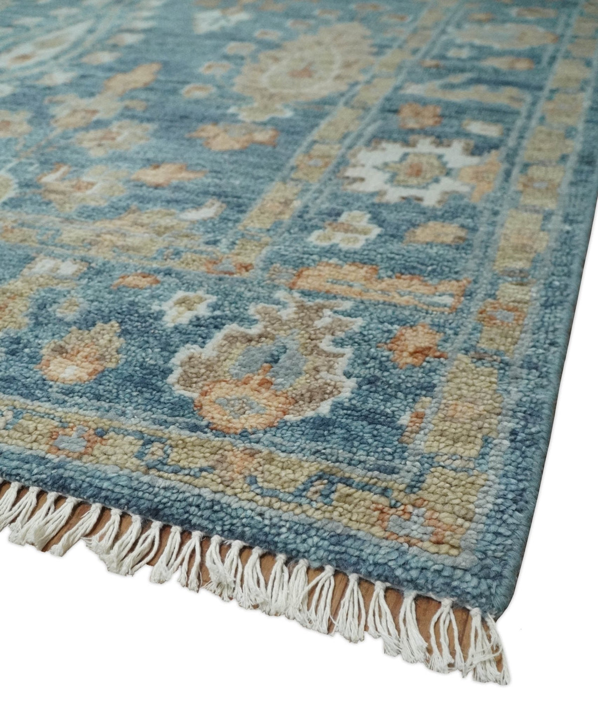 Custom Made Antique Hand Knotted Blue and Beige Traditional Oushak Wool Area Rug.