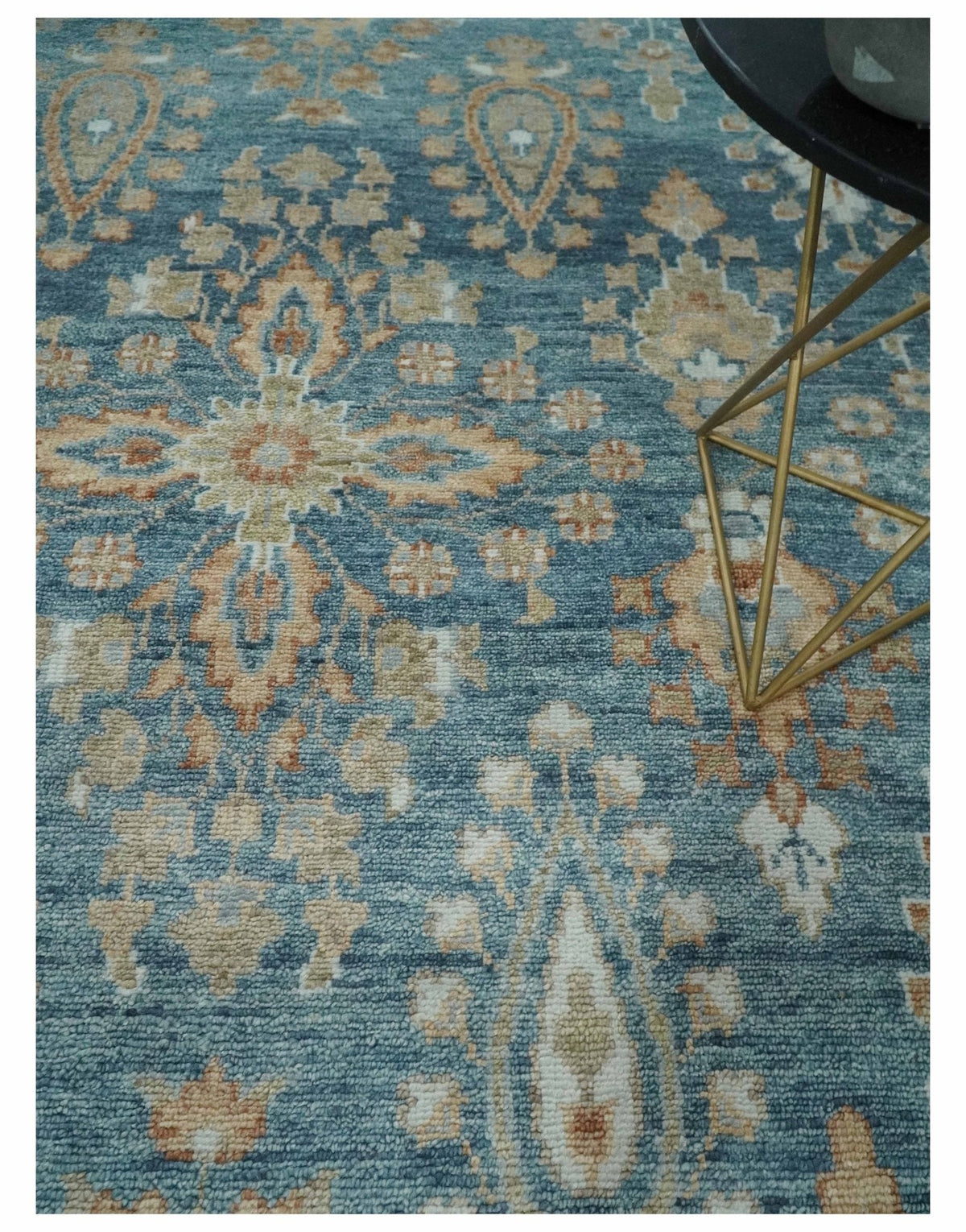 Custom Made Antique Hand Knotted Blue and Beige Traditional Oushak Wool Area Rug.