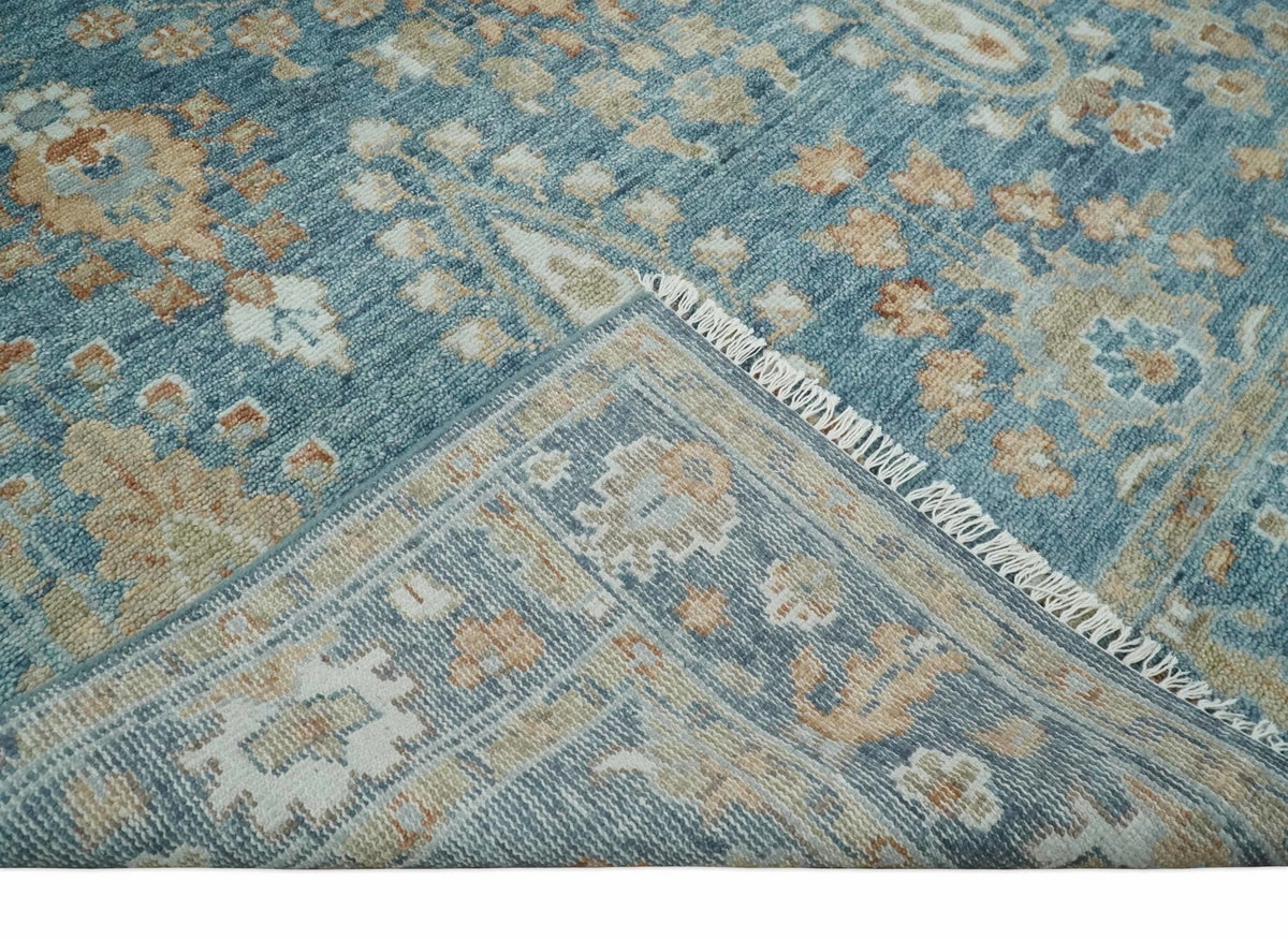 Custom Made Antique Hand Knotted Blue and Beige Traditional Oushak Wool Area Rug.