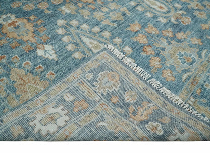 Custom Made Antique Hand Knotted Blue and Beige Traditional Oushak Wool Area Rug.