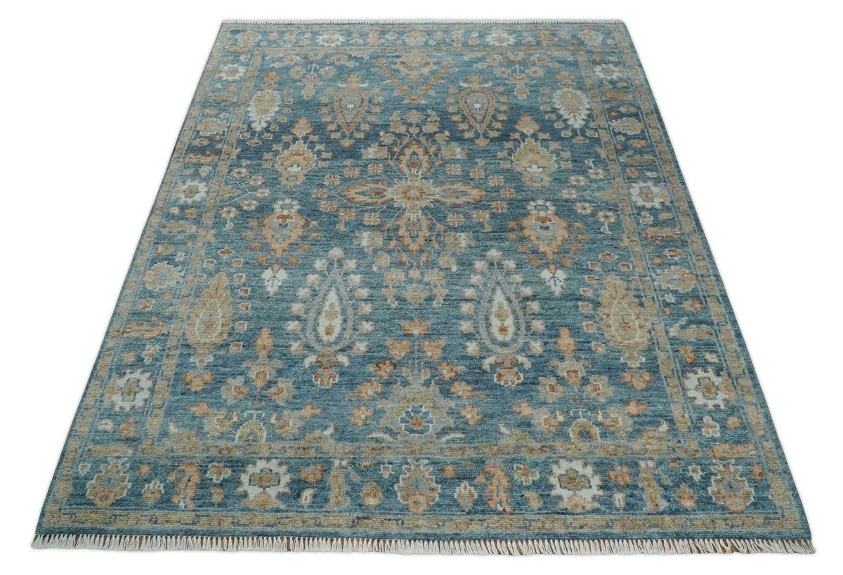 Custom Made Antique Hand Knotted Blue and Beige Traditional Oushak Wool Area Rug.
