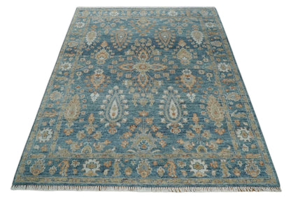 Custom Made Antique Hand Knotted Blue and Beige Traditional Oushak Wool Area Rug.