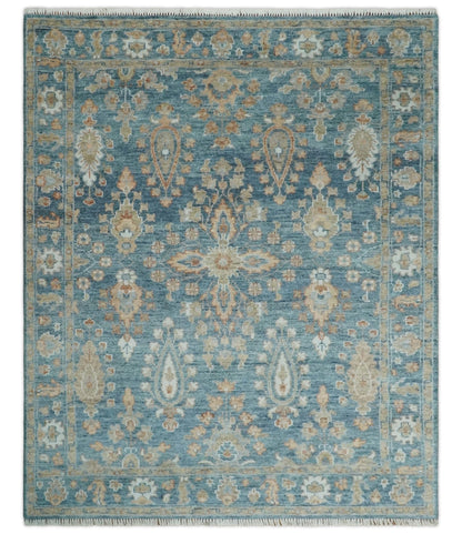 Custom Made Antique Hand Knotted Blue and Beige Traditional Oushak Wool Area Rug.