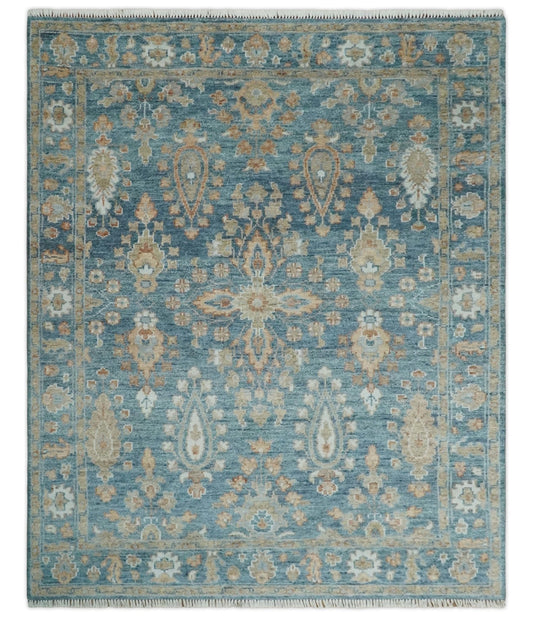 Custom Made Antique Hand Knotted Blue and Beige Traditional Oushak Wool Area Rug.