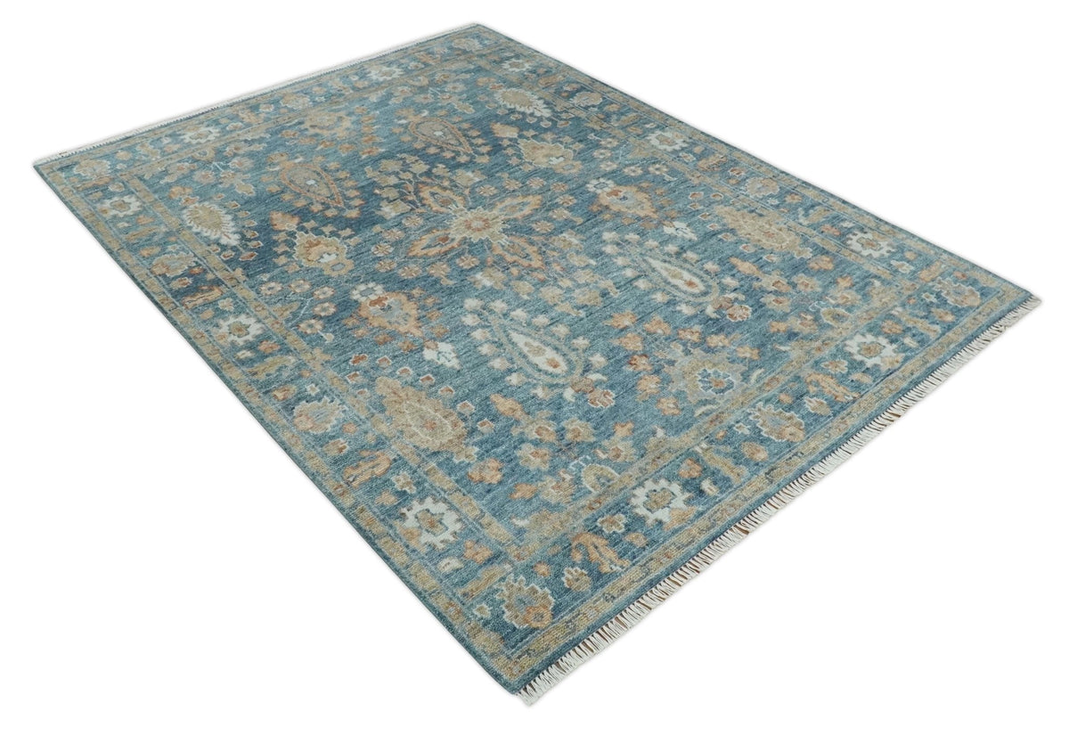 Custom Made Antique Hand Knotted Blue and Beige Traditional Oushak Wool Area Rug.