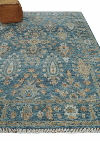 Custom Made Antique Hand Knotted Blue and Beige Traditional Oushak Wool Area Rug.