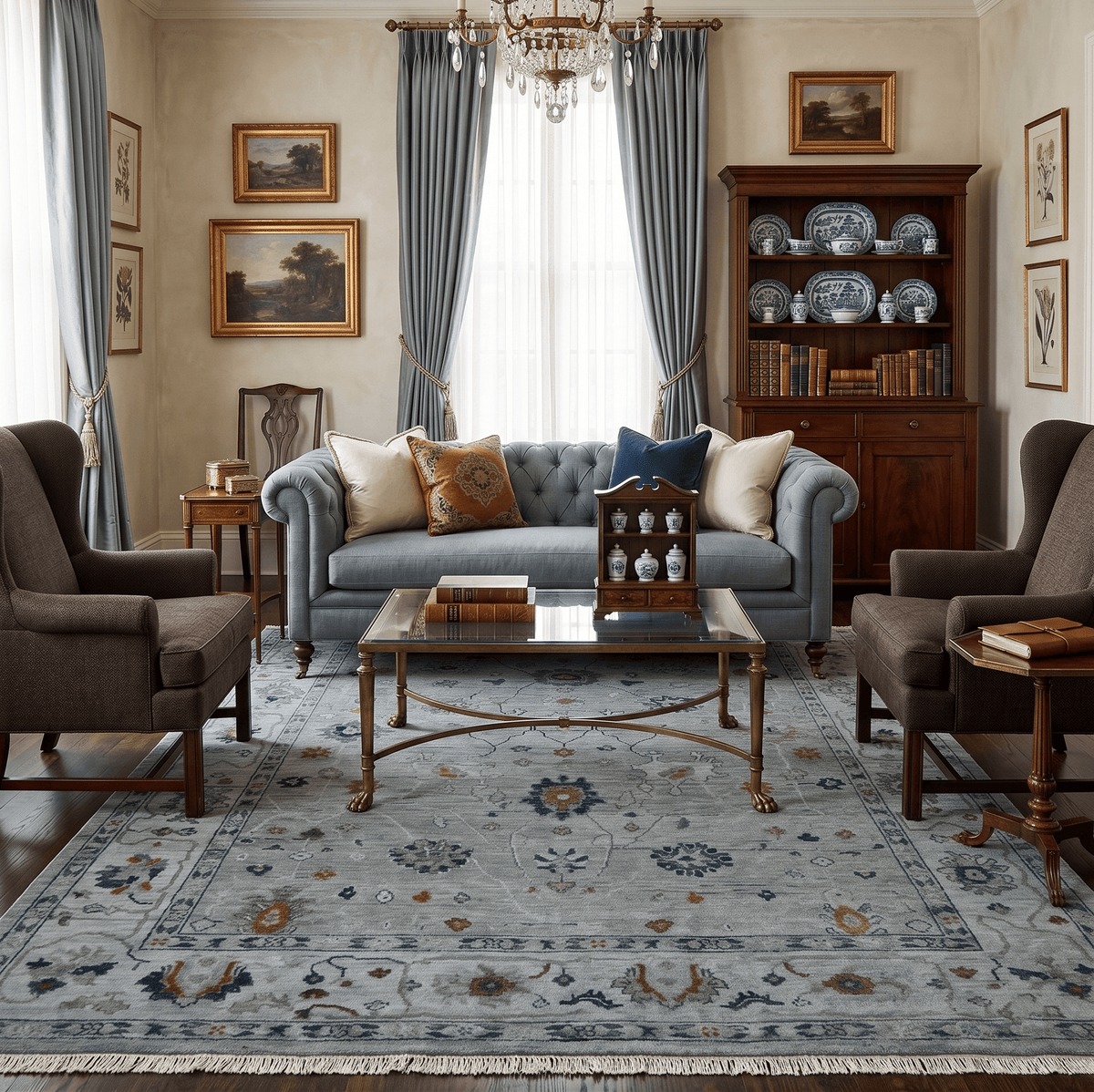 Antique Hand Knotted Charcoal and Gray Traditional Oushak wool Area Rug.