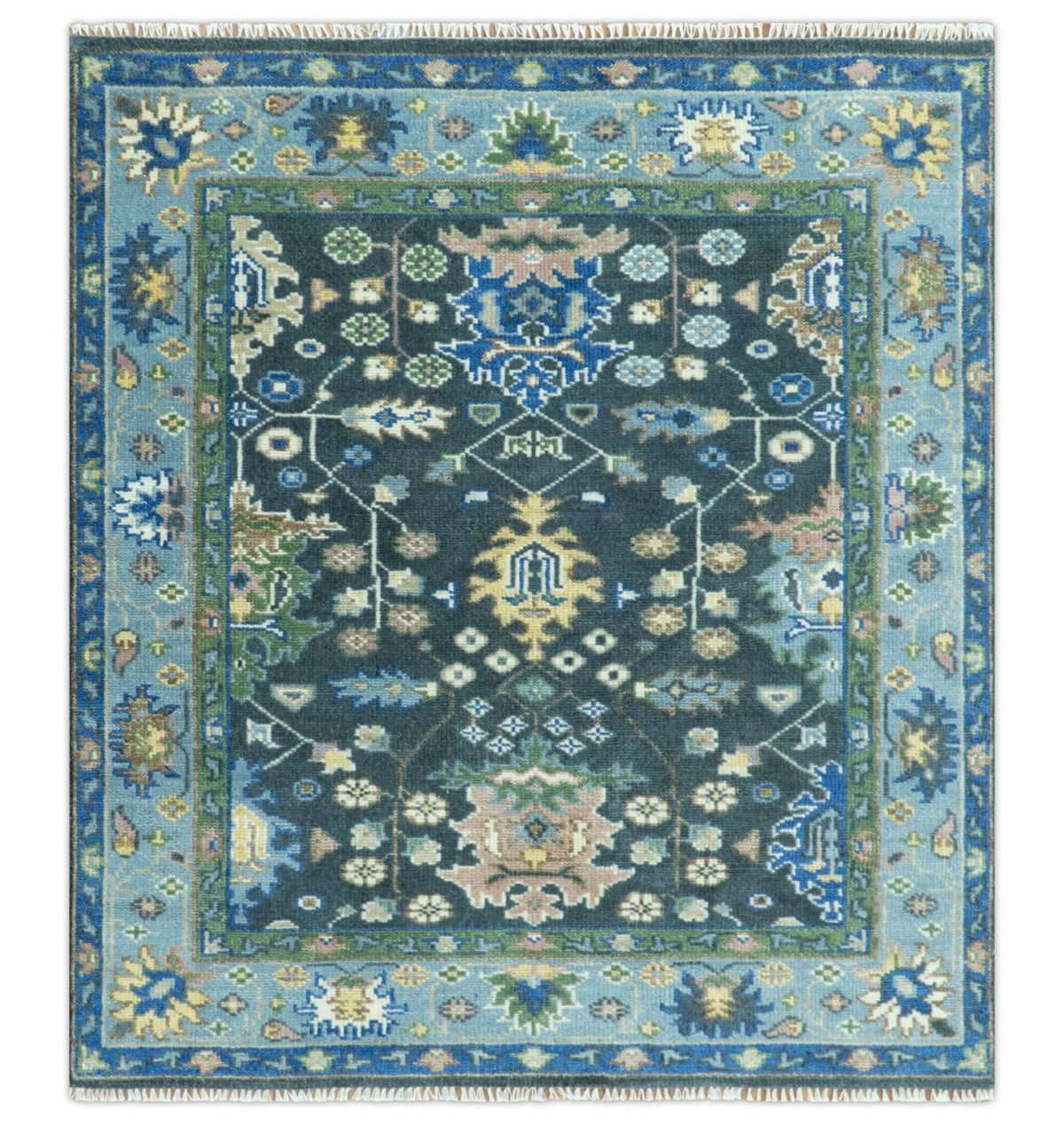 Antique Design Hand Knotted Charcoal, Green Moss and Blue Oushak Custom Made Rug.