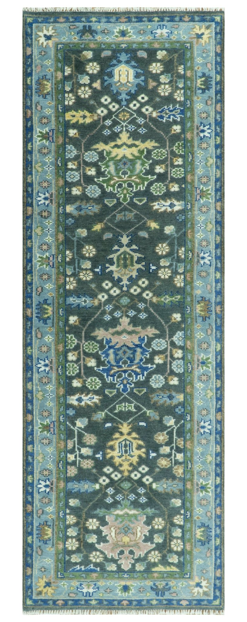Antique Design Hand Knotted Charcoal, Green Moss and Blue Oushak Custom Made Rug.