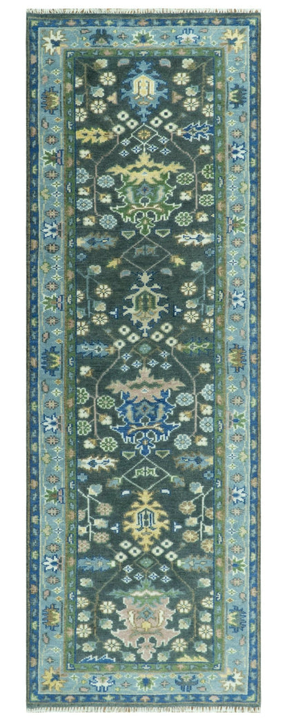 Antique Design Hand Knotted Charcoal, Green Moss and Blue Oushak Custom Made Rug.
