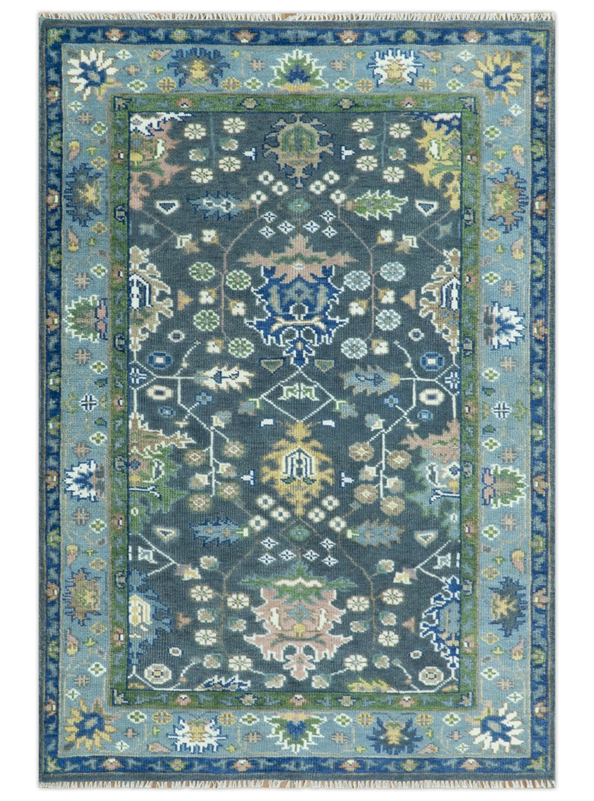 Antique Design Hand Knotted Charcoal, Green Moss and Blue Oushak Custom Made Rug.