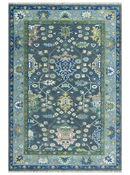 Antique Design Hand Knotted Charcoal, Green Moss and Blue Oushak Custom Made Rug.