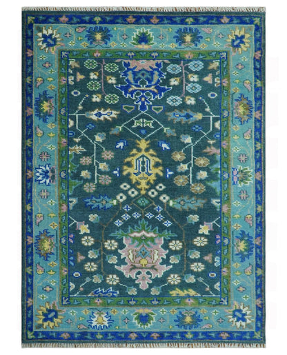 Antique Design Hand Knotted Charcoal, Green Moss and Blue Oushak Custom Made Rug.
