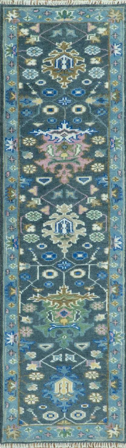 Antique Design Hand Knotted Charcoal, Green Moss and Blue Oushak Custom Made Rug.