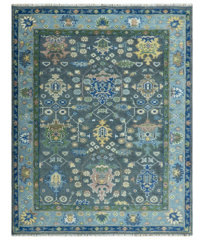 Antique Design Hand Knotted Charcoal, Green Moss and Blue Oushak Custom Made Rug.